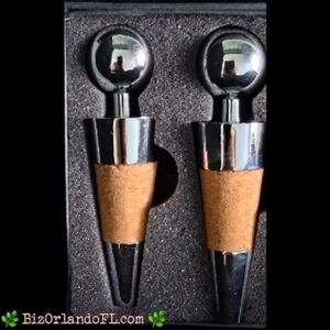 VINTAGE: Leed's Chrome & Cork Wine Decorative Stoppers Set of 2 ** NEW IN BOX **